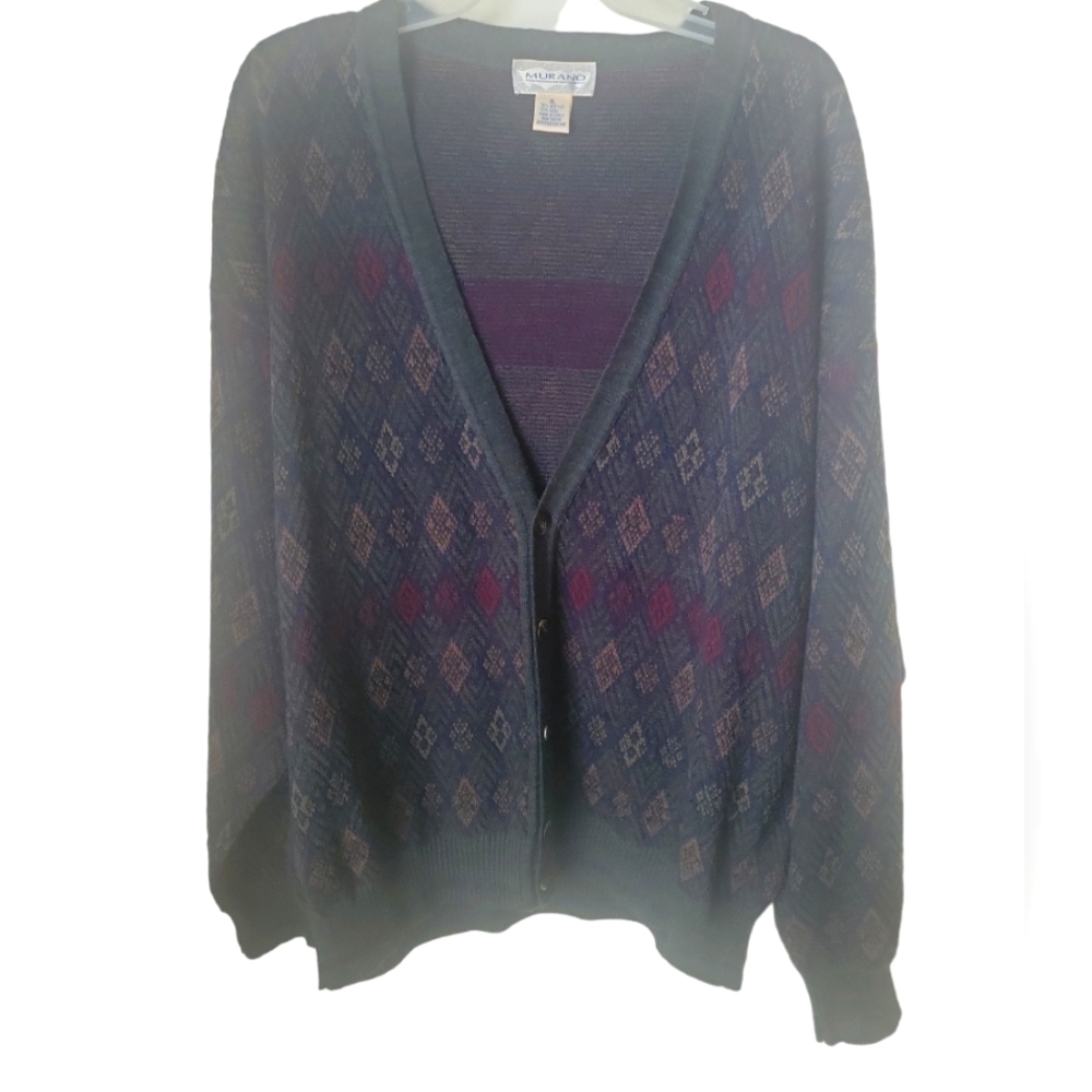 Murano Vintage Wool Blend Men's Geometric Cardigan Knitted Sweater XL